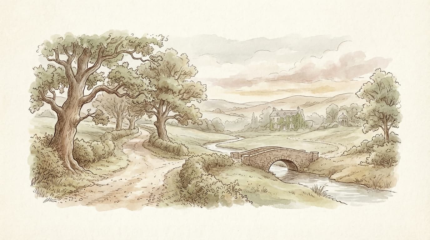 Illustratie van een landschap met bomen en een brug